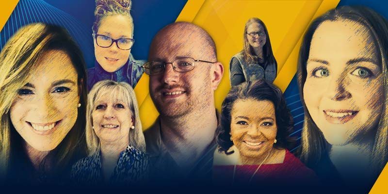 Blue and gold collage of the WVU Online Ambassadors