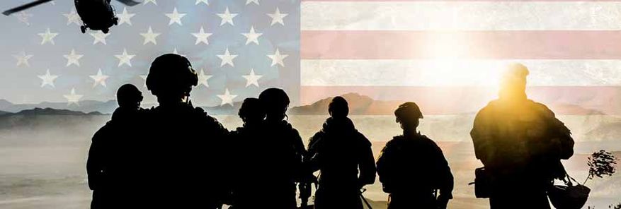 Silhouettes of soldiers during Military Mission against American flag background.