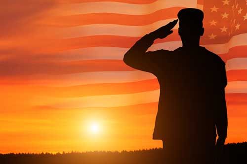 USA army soldier with nation flag. Greeting card for Veterans Day, Memorial Day, Independence Day. America celebration.