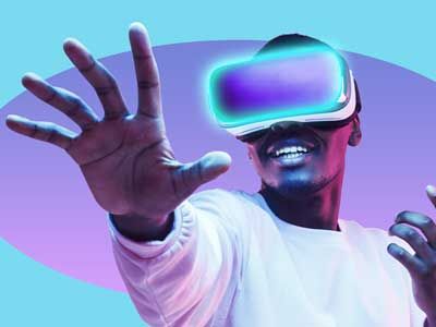 African american man in vr headset exploring metaverse world, touching virtual reality subjects